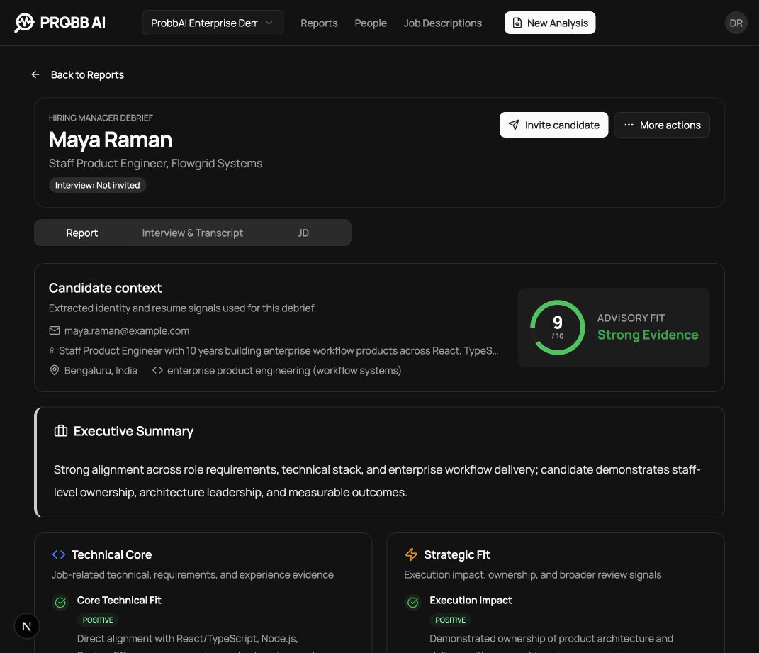 ProbbAI product preview showing a candidate report detail